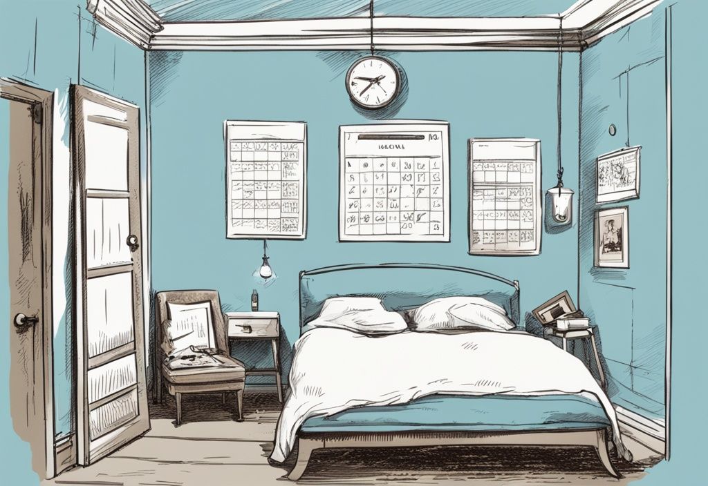 Vintage-Skizze in Hellblau mit Kalender an der Wand und frisch gemachtem Bett mit sauberen Laken, symbolisiert wie oft Bett beziehen.