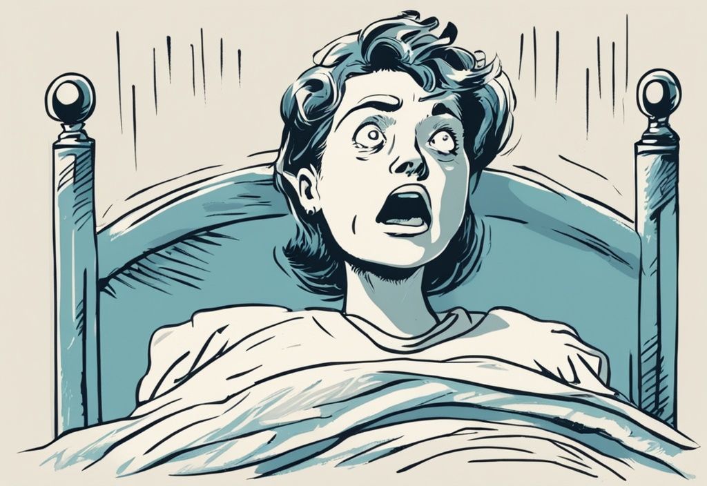 Vintage-Skizzenillustration einer perplexen Person, die auf einem Bett liegt und grimassiert, während sie das laute Quietschen unter sich hört, warum quietscht mein Bett.
