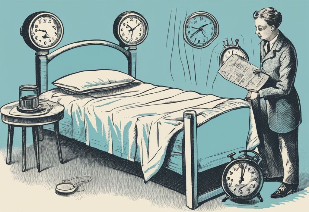 Vintage-Skizzenillustration von Läusen auf einem Bett mit einer Uhr, die ihre Überlebensdauer anzeigt, Hauptfarbe hellblau