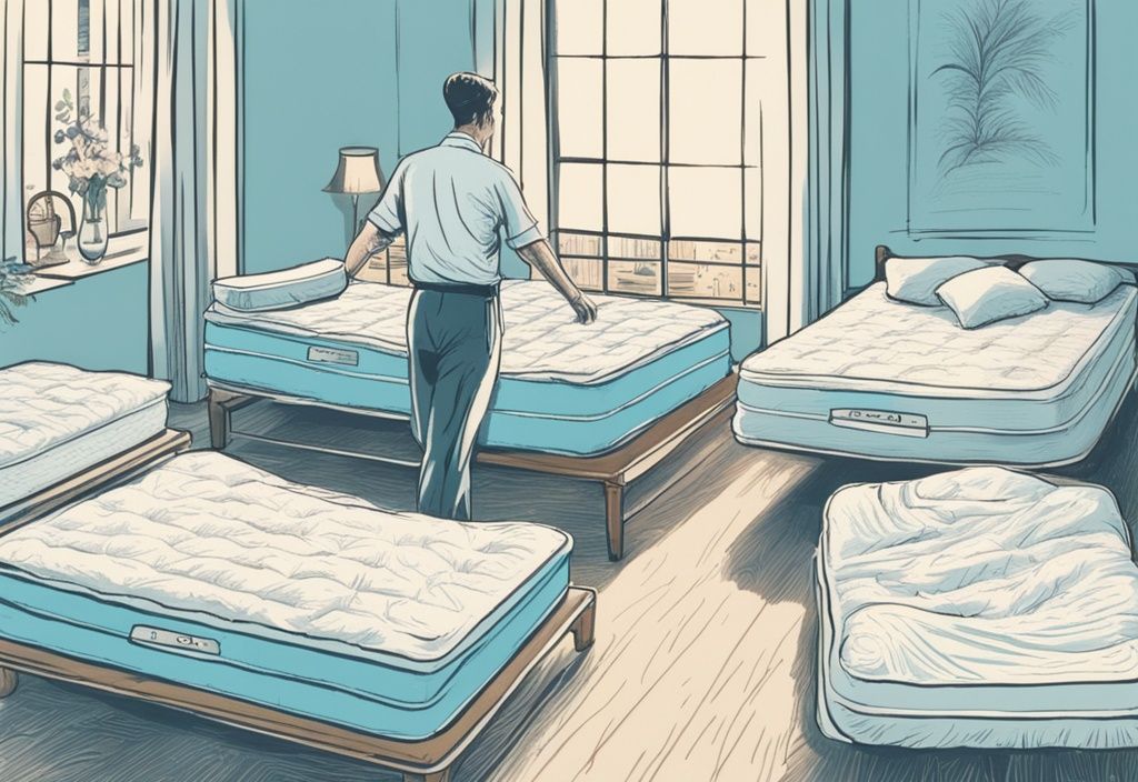 Vintage-Skizzenillustration in hellblau, Person testet verschiedene Matratzen und findet Erleichterung bei einer speziellen Matratze, geeignet für Rückenschmerzen, welche Matratze bei Rückenschmerzen.
