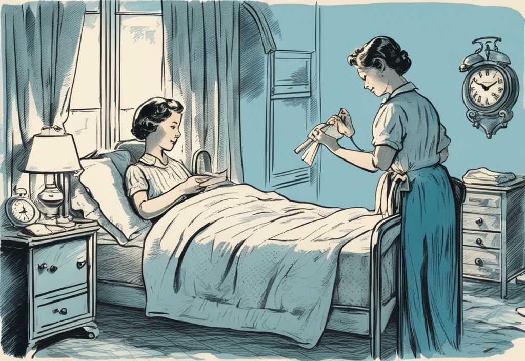 Vintage-Skizzenillustration in Hellblau von einem Elternteil, das sein Kind ins Bett bringt und auf eine Uhr zeigt, die frühe Abendzeit anzeigt, wann sollten Kinder ins Bett.