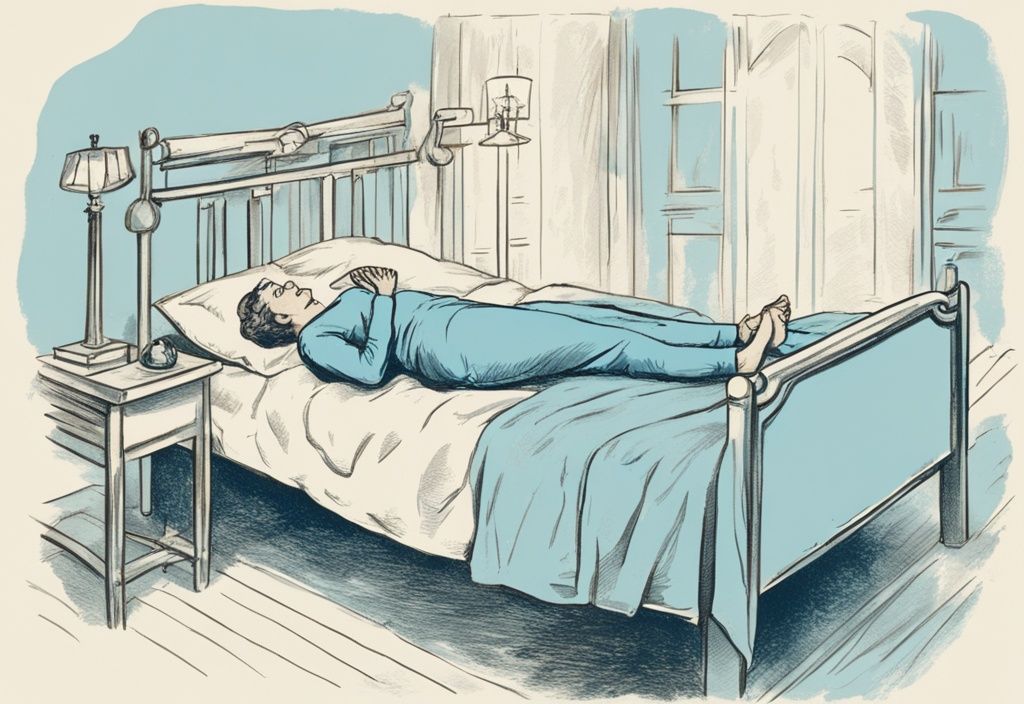 Vintage-Skizzenillustration einer Person, die eine sanfte Dehnübung im Bett zur Linderung von Rückenschmerzen macht, Hauptfarbthema hellblau