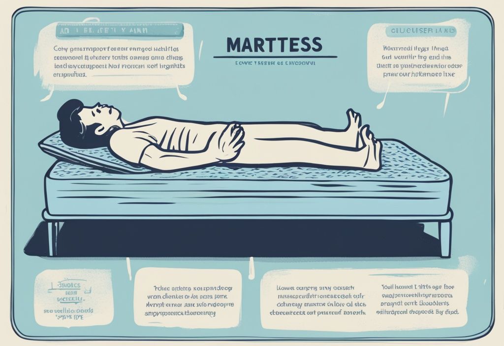 Vintage-Skizzenillustration einer Person mit schmerzverzerrtem Gesicht auf unangemessener Matratze, mit Infografik zur Linderung von Rückenschmerzen durch eine geeignete Matratze, Hauptfarbthema hellblau.