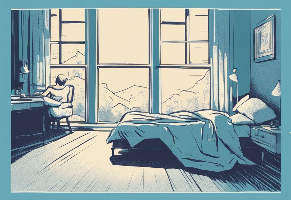 Vintage-Skizzenillustration einer Person, die erfrischt aufwacht und sich glücklich im Bett streckt, während Sonnenlicht durch ein nahegelegenes Fenster strömt; wie komme ich morgens besser aus dem Bett.