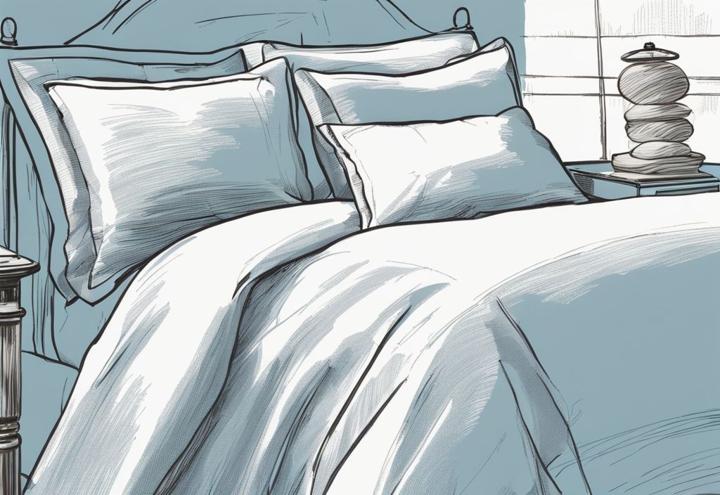 Vintage-Skizze mit hellblauem Farbschema, luxuriöses Percale-Bettwäsche-Set auf stilvollem Bett, Nahaufnahme des engen Eins-über-Eins-Unter-Gewebes von Percale.