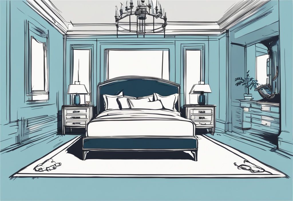 Vintage-Skizzenillustration eines Kingsize-Bettes mit sichtbaren Maßen in einem mittelgroßen Schlafzimmer, wie groß ist ein Kingsize Bett