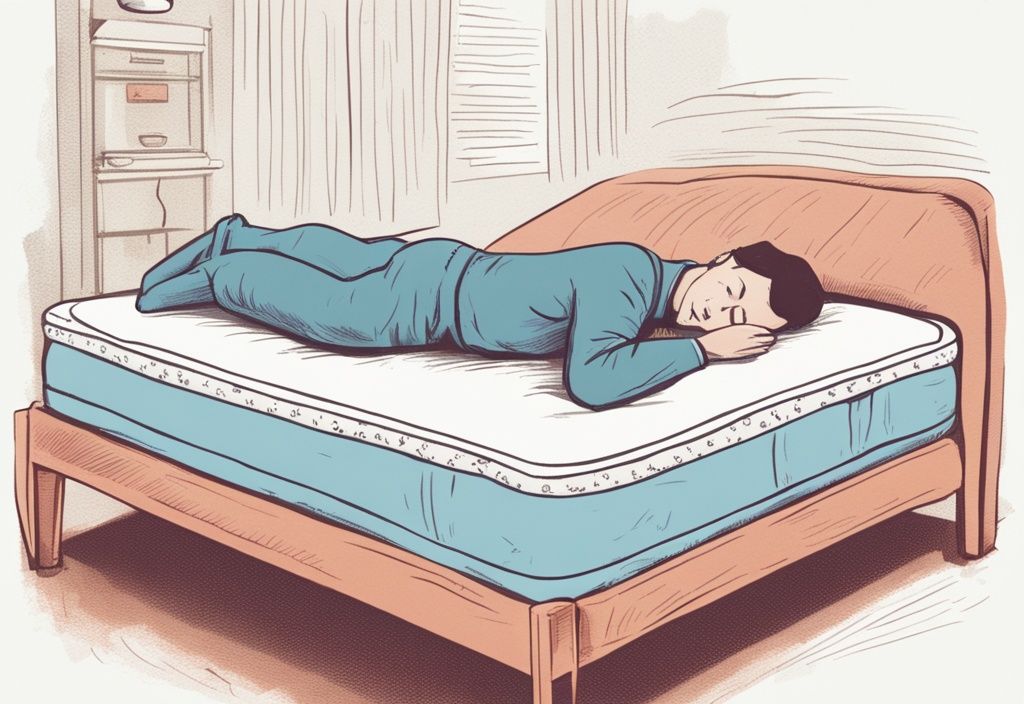 Vintage-Skizzenillustration mit Hauptfarbthema Hellblau, Person liegt bequem auf dem Bauch auf einer Matratze, Textüberlagerung zeigt welche Matratze für Bauchschläfer geeignet ist