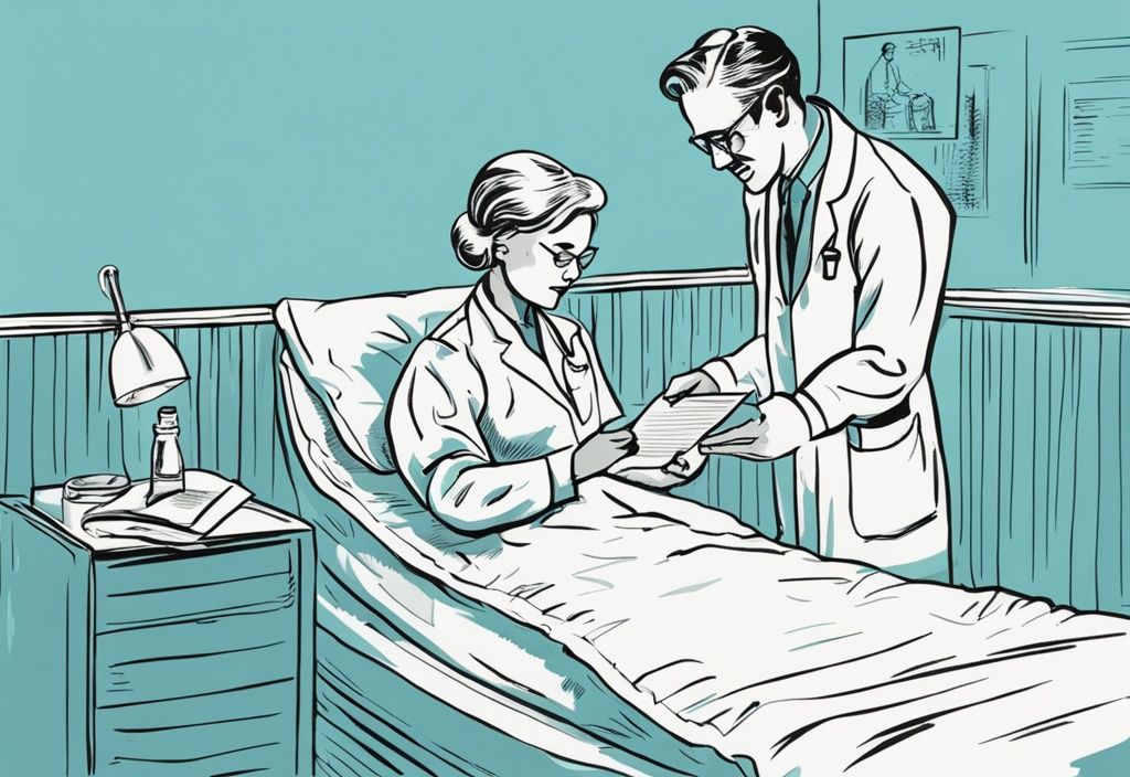 Vintage-Skizze: Arzt überreicht Rezept an erleichterten Patienten, Allergie Bettwäsche auf Rezept im Hintergrund.