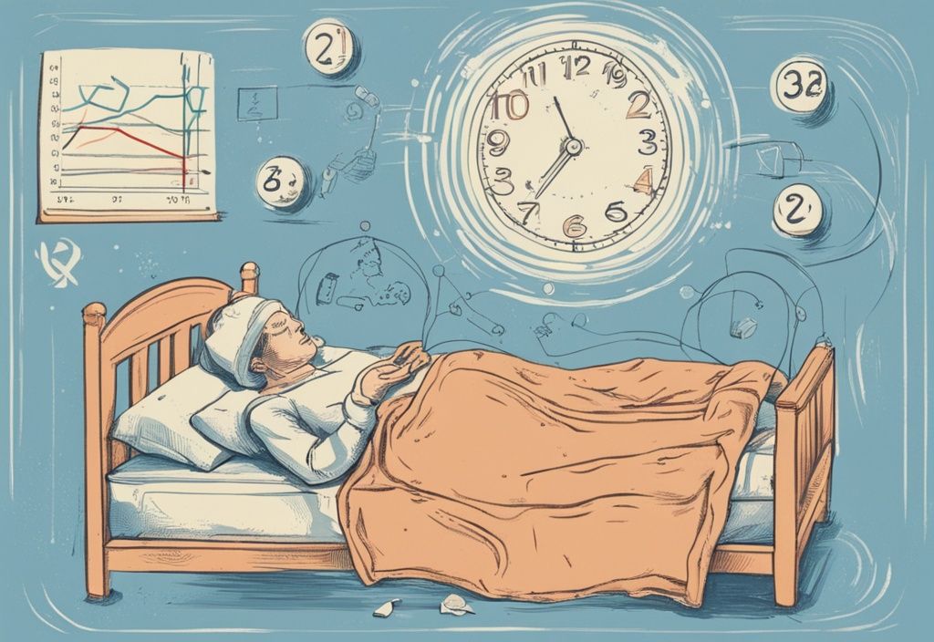 Vintage-Skizzenillustration in Hellblau, kranke Person liegt im Bett, Zahlen und Kaloriensymbole schweben, Darstellung des Kalorienverbrauchs bei Krankheit, wie viel Kalorien verbrennt man wenn man krank im Bett liegt.