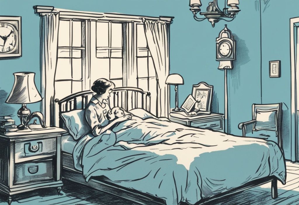 Vintage-Skizzen-Illustration eines Elternteils, der sein Kind ins Bett bringt und auf eine Uhr zeigt, die frühen Abend anzeigt, wann sollten Kinder ins Bett