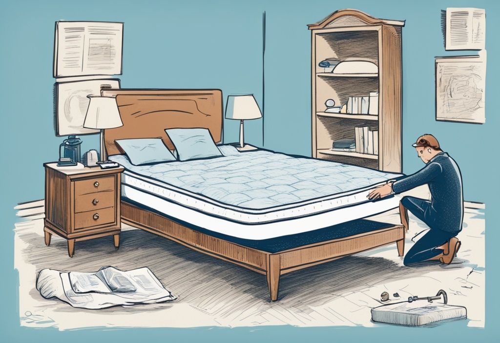 Vintage-Skizzenillustration in hellblau: Person untersucht Matratze mit Lupe, daneben Checkliste für Matratzenqualität mit dem Keyword wie merke ich ob meine Matratze noch gut ist.