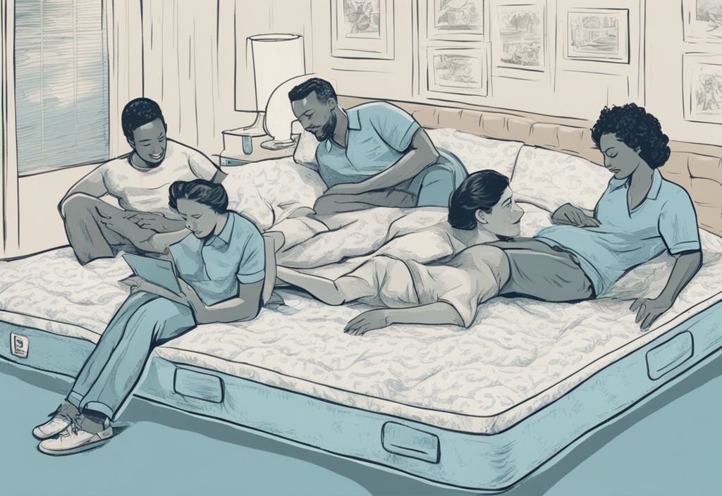 Vintage-Skizzenillustration mit hellblauem Farbschema, verschiedene Personen auf Matratzen passend zu ihrem Lebensstil oder Schlafpräferenz, Darstellung der Suche nach der idealen Matratze.