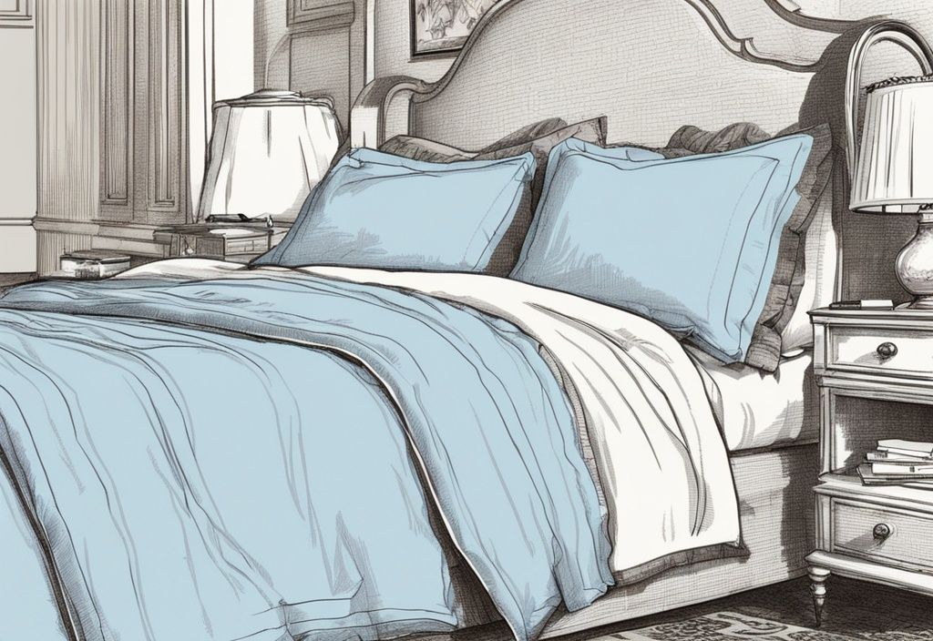 Vintage-Skizzenillustration von luxuriöser, hellblauer Percale-Bettwäsche auf stilvollem Bett, Nahaufnahme der engen Ein-über-Eins-Webart.