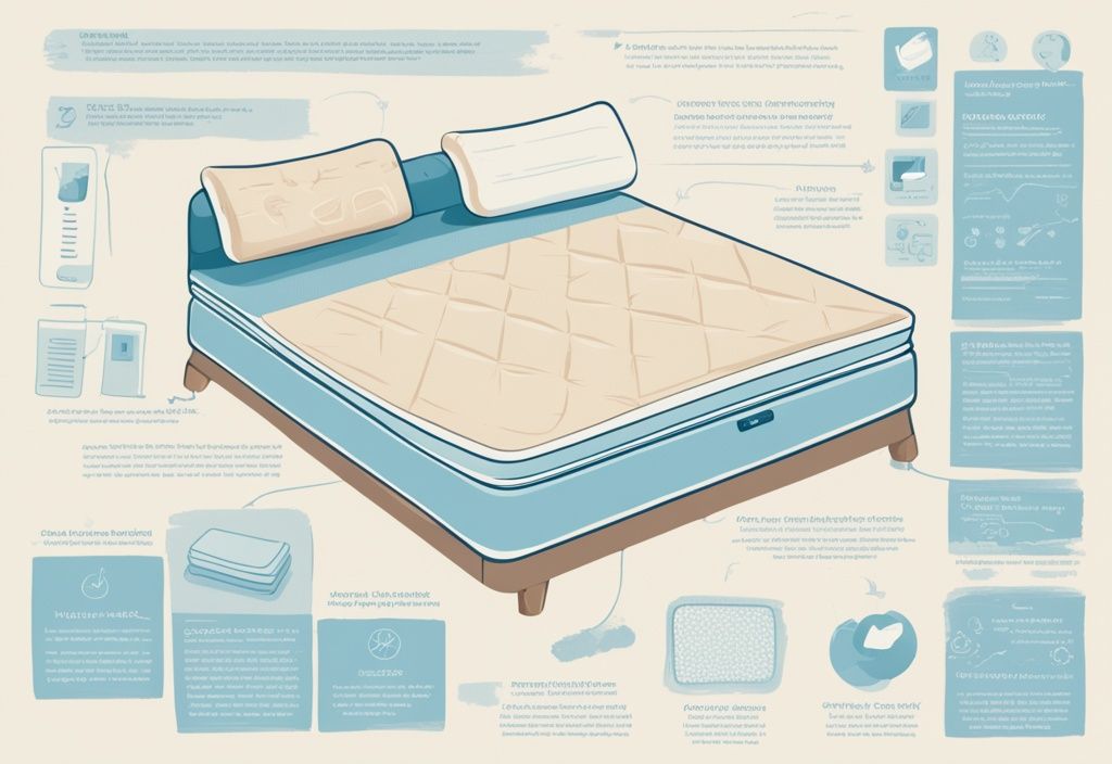 Vintage-Skizze mit hellblauem Farbschema zeigt Kaltschaummatratze und Federkernmatratze nebeneinander, mit Infografiken zu ihren einzigartigen Eigenschaften und Vorteilen. welche Matratze ist besser Kaltschaum oder Federkern