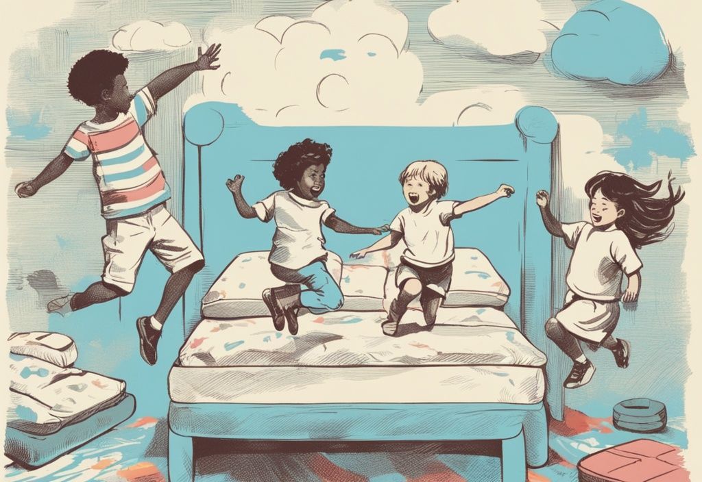Vintage-Skizze mit Kindern, die auf bunten, kinderfreundlichen Matratzen springen, welche Matratze für Kinder.