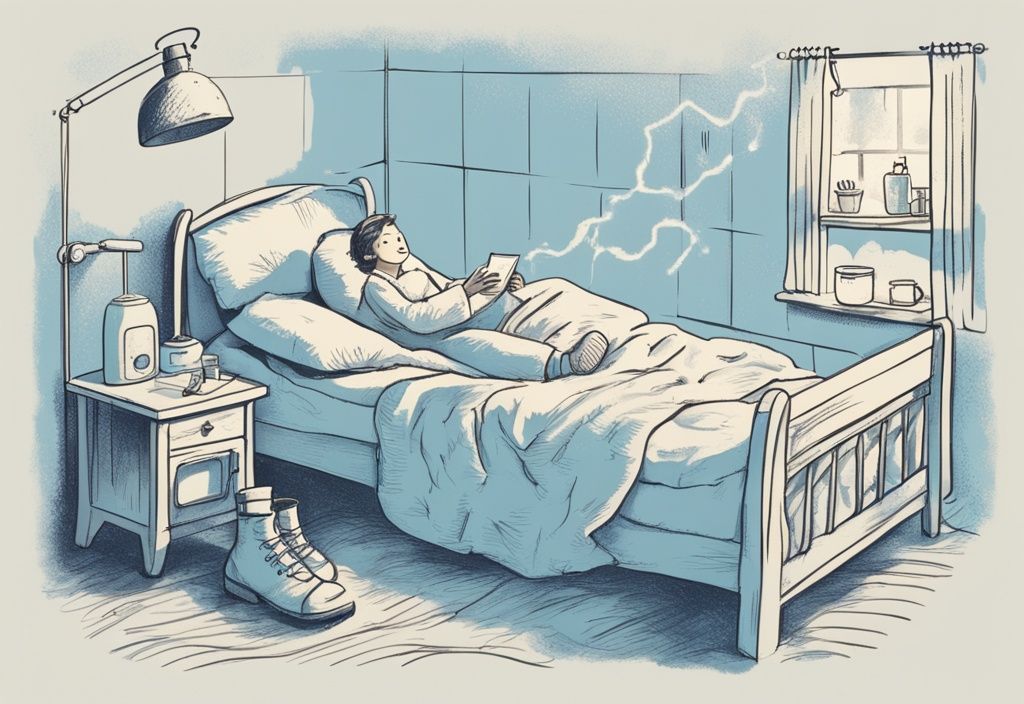 Vintage-Skizzenillustration in Hellblau: Person im gemütlichen Bett mit Thermosocken und Wärmflasche gegen kalte Füße.
