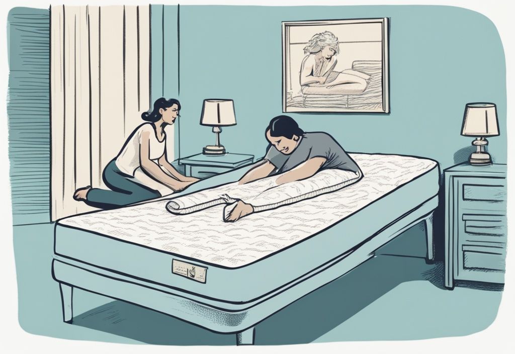 Vintage-Skizzenillustration einer Person mit schmerzverzerrtem Gesicht auf einer ungeeigneten Matratze für Hüftschmerzen, daneben die gleiche Person, die bequem auf der richtigen Matratze für Hüftbeschwerden ruht, Hauptfarbthema hellblau
