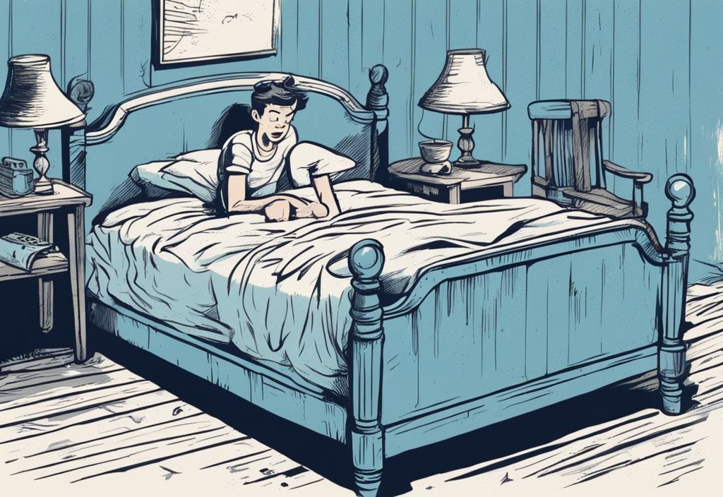 Vintage-Skizze eines gestressten Individuums, das sich auf einem alten Holzbett dreht und wendet, mit Comic-Soundeffekten, die das Bett quietscht bei jeder Bewegung hervorheben.