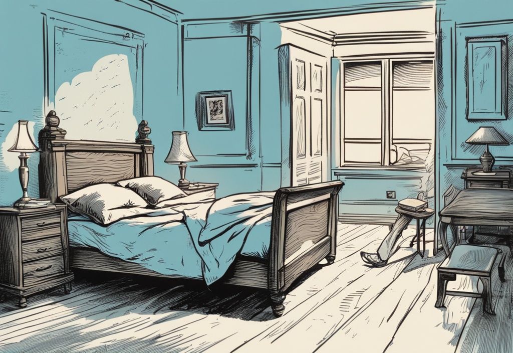 Vintage-Skizzenillustration einer Person, die sich in einem alten, hölzernen Bett umdreht, mit hellblauem Farbthema und quietschenden Geräuschen.