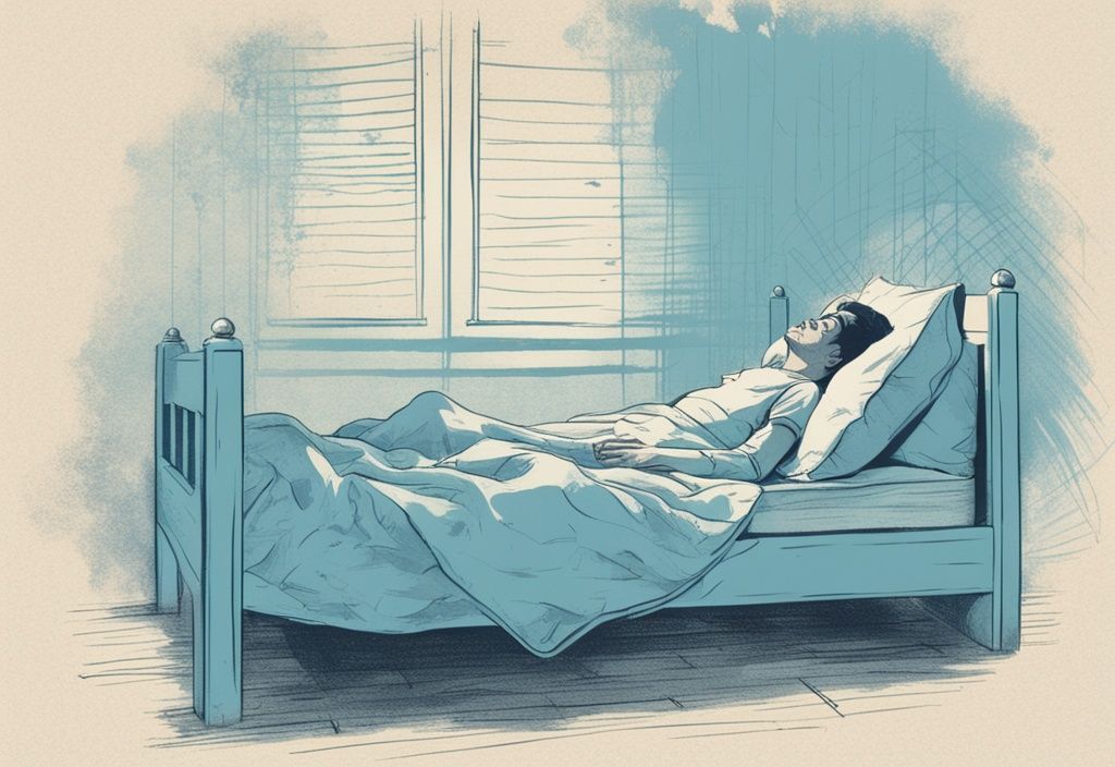 Vintage-Skizze, hellblaues Farbschema, gestresste Person liegt auf Bett, sichtbare Schallwellen unter dem Bettgestell, betont Quietschgeräusche.
