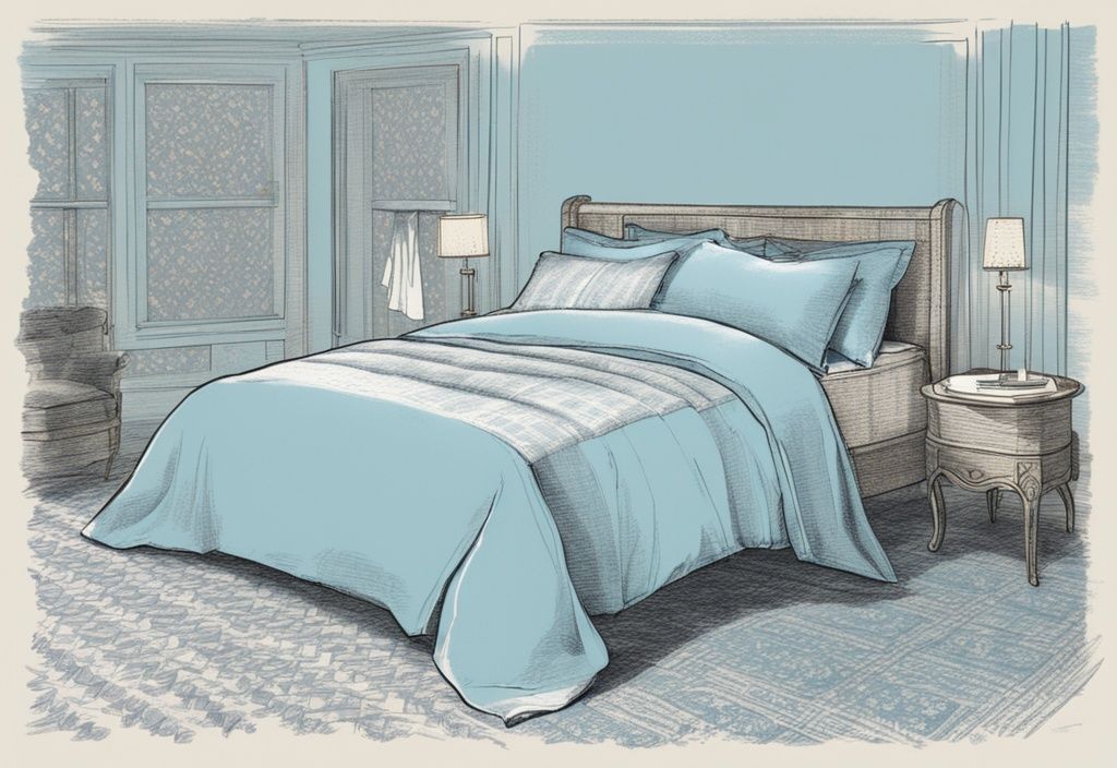 Vintage-Skizzenillustration eines ordentlich gemachten Bettes mit Polycotton-Bettwäsche, Nahaufnahmen der Stofftextur und Webmuster, was ist Polycotton Bettwäsche.