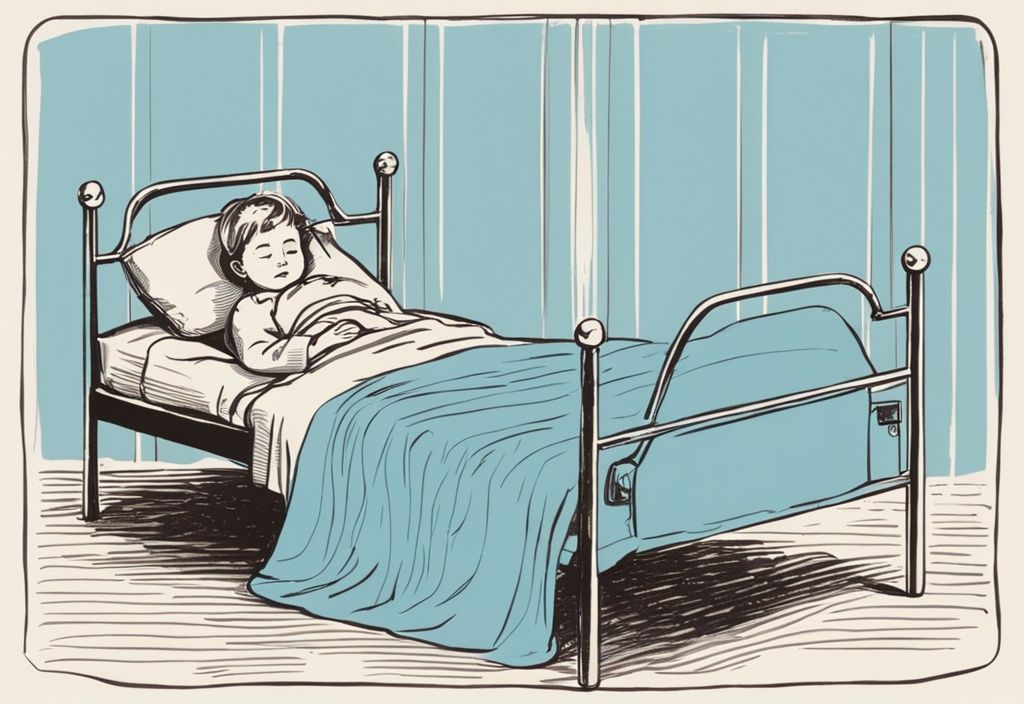 Vintage-Skizze eines schlafenden Kindes in einem Bett mit Schutzbarrieren, ab wann fallen Kinder nicht mehr aus dem Bett