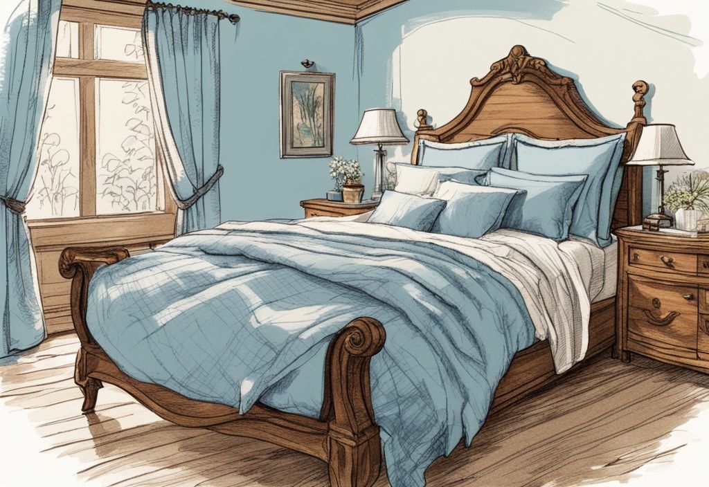Vintage-Skizzenillustration mit luxuriösen Bettstoffen auf einem Zedernholzbett in einem lichtdurchfluteten Raum am Morgen, Hauptfarbthema hellblau.