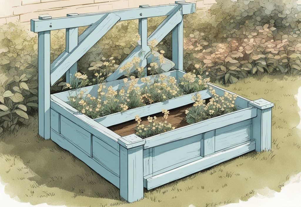 Vintage-Skizzenillustration eines erhöhten Betts mit Stauraum selber bauen, in hellblau, in einem Garten während des Zusammenbaus.