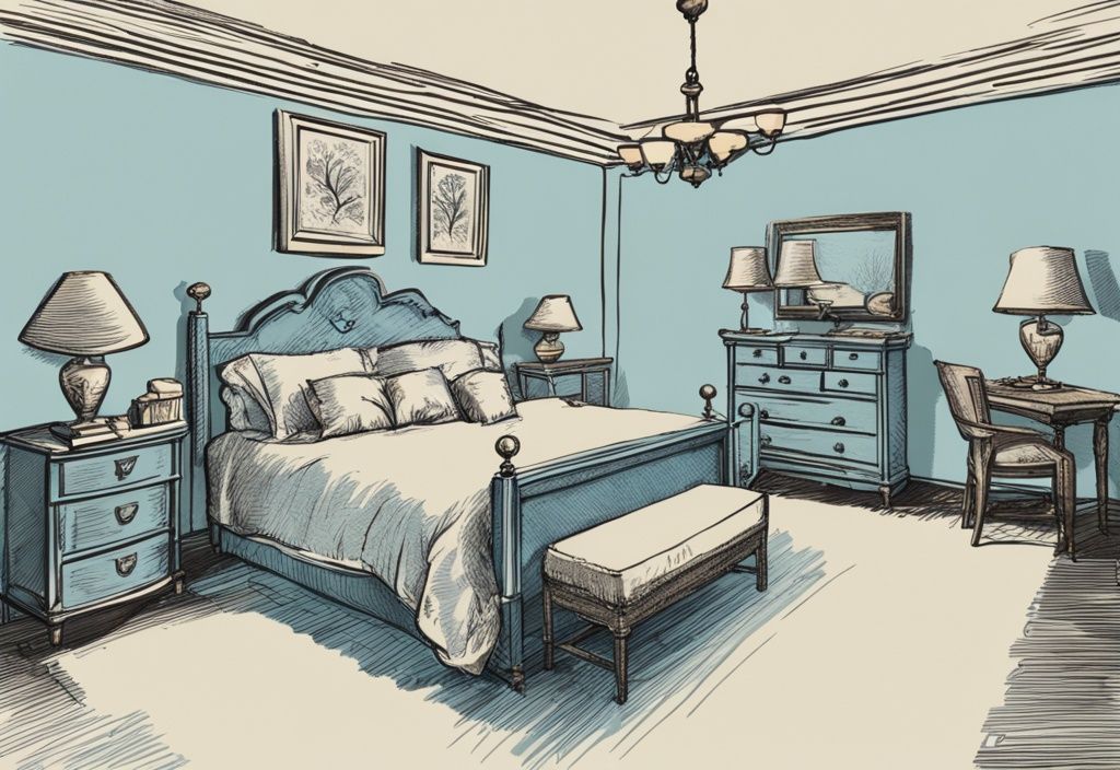 Vintage-Skizzenillustration eines gut gestalteten Schlafzimmers mit elegantem Bett und Preisschild, wie viel kostet ein Bett.