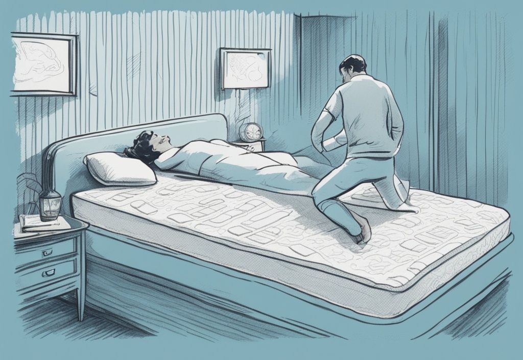 Vintage-Skizzen-Illustration in hellblau: Person testet verschiedene Matratzen, sichtbar erleichtert durch den Komfort einer für Rückenschmerzen geeigneten Matratze, welche Matratze bei Rückenschmerzen.