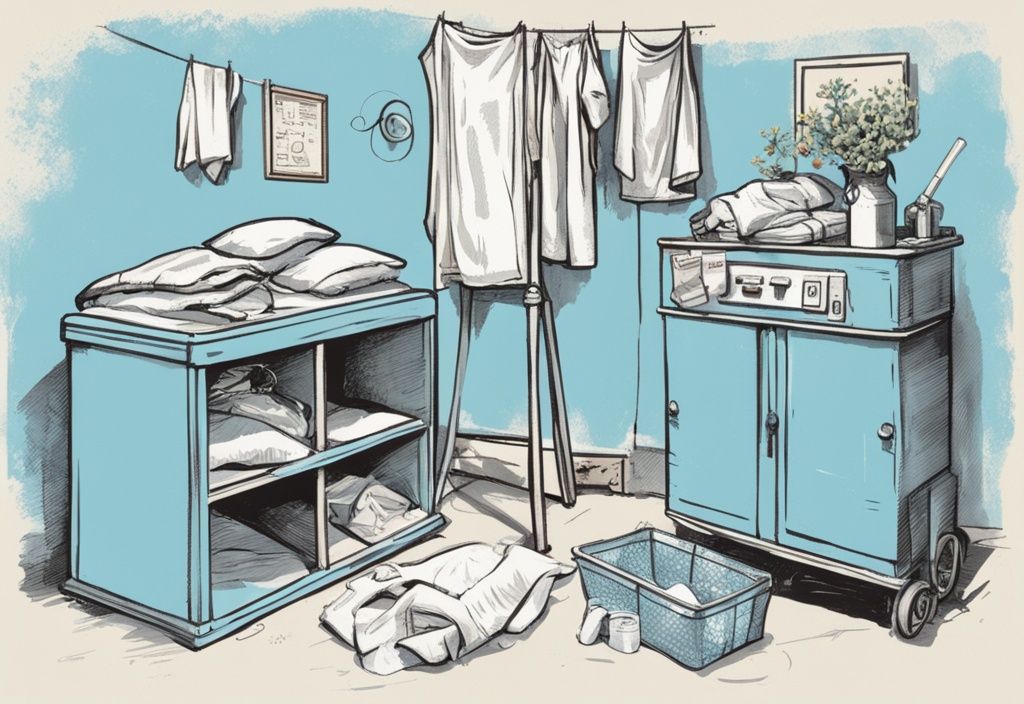 Vintage-Skizzenillustration mit hellblauem Farbthema, die Orte wie Altkleidercontainer, Bastelraum und Spendenbox zeigt, wohin mit alter Bettwäsche.