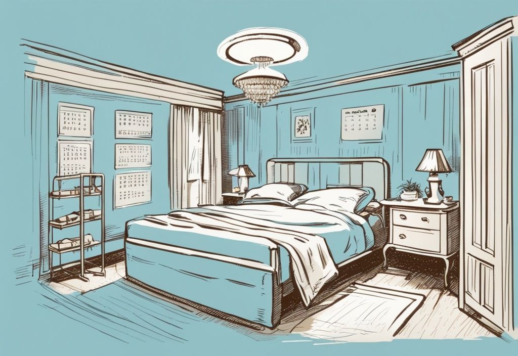 Vintage-Skizzenillustration eines ordentlich eingerichteten Schlafzimmers mit hellblauer Farbgebung und einem Kalender an der Wand zur Markierung der Häufigkeit des Bettwäschewechsels.