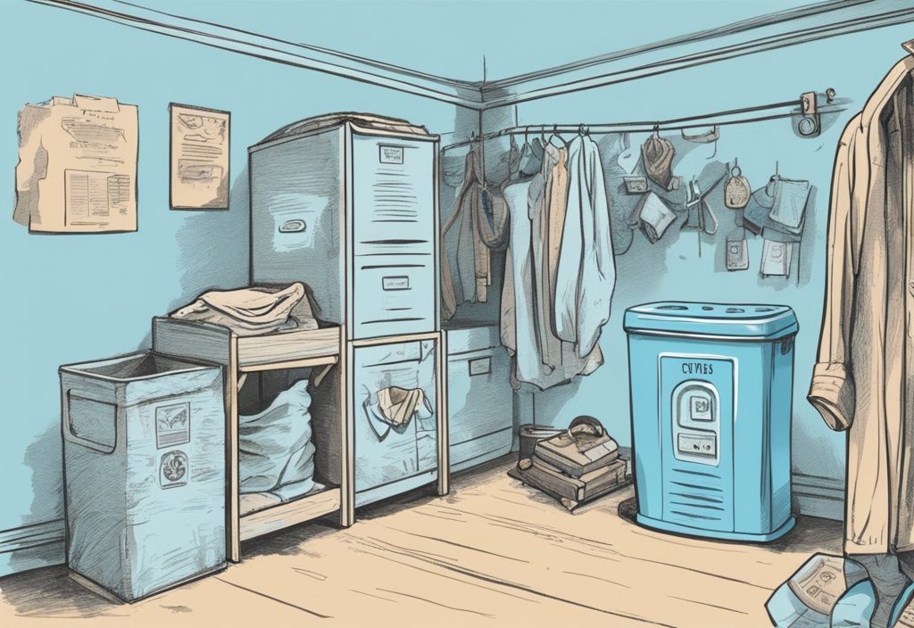 Vintage-Skizzenillustration in Hellblau mit verschiedenen Orten wie Altkleidercontainer, Bastelraum und Spendenbox, wohin mit alter Bettwäsche.