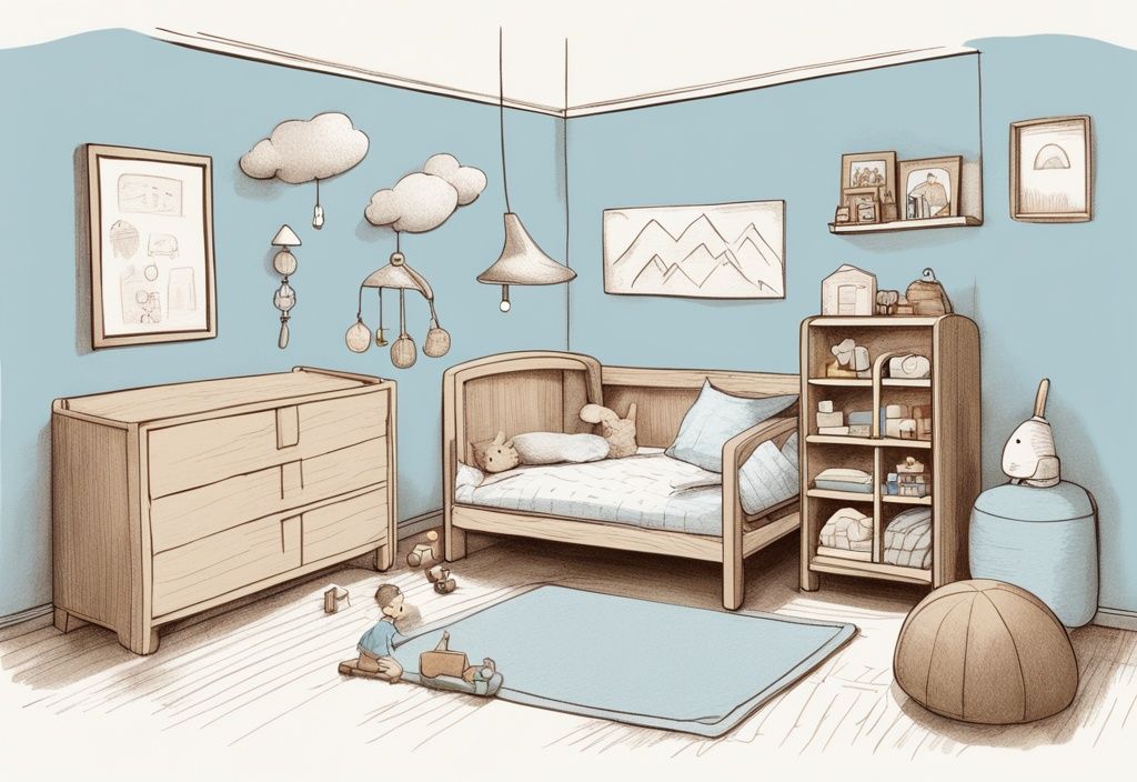 Vintage-Skizzenillustration eines verspielten, minimalistischen Kinderzimmers mit einem niedrigen, holzfarbenen Montessori Bett, umgeben von pädagogischem Spielzeug und weichen, neutralen Textilien in hellblauer Farbgebung.