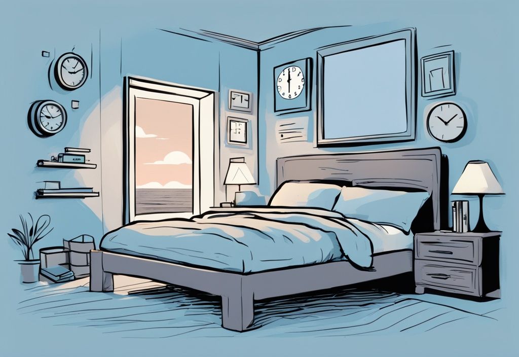 Vintage-Skizzenillustration eines ruhigen Schlafzimmers bei Dämmerung, digitaler Wecker zeigt wann ins Bett gehen, neben einer Liste der Vorteile für guten Schlaf.