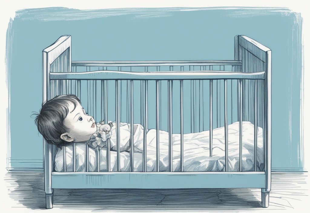 Vintage-Skizzenillustration eines Kindes, das von einem Gitterbett zu einem Montessori-Bett wechselt, mit Schwerpunkt auf dem niedrigen Design und den Sicherheitsaspekten, Hauptfarbe Hellblau.