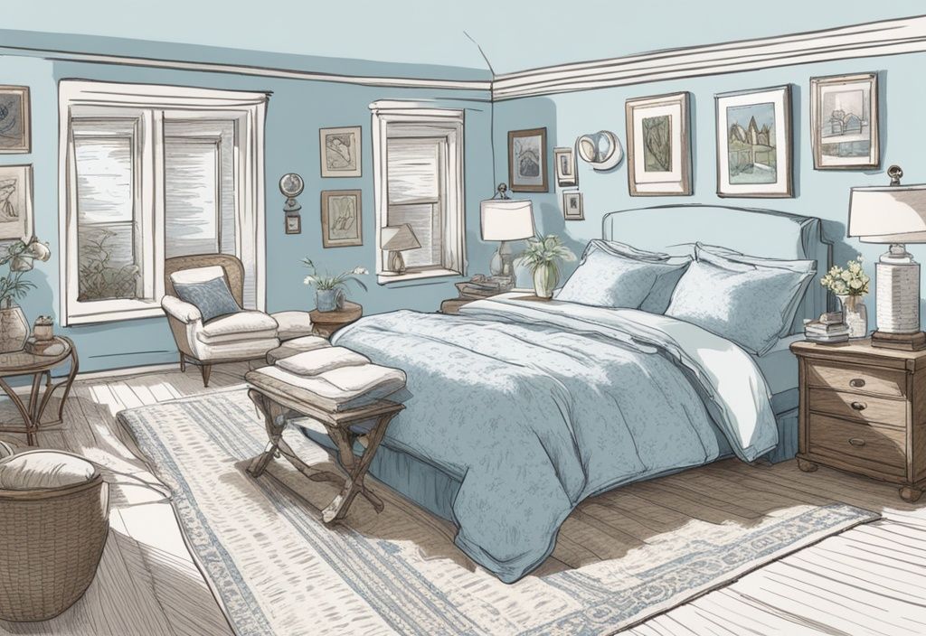Vintage-Skizzenillustration mit verschiedenen hypoallergenen Bettwäsche-Optionen in einem gut beleuchteten Schlafzimmer, welche Bettwäsche für Allergiker.