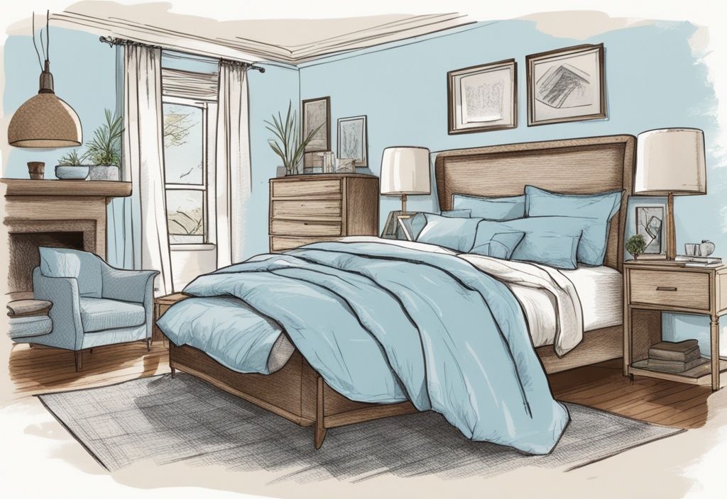 Vintage-Skizzenillustration mit hellblauem Farbschema, die verschiedene Arten von farbenfrohen, bügelfreien Bettwäsche-Materialien in einem modernen Schlafzimmer zeigt. Keyword: welche Bettwäsche ist bügelfrei.