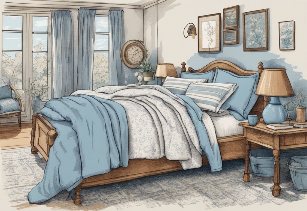 Vintage Skizzenillustration von Bettwäsche-Stilen in Hellblau: Baumwolle, Seide, Leinen und Flanell auf verschiedenen Betten in gemütlichem, gut beleuchtetem Raum.