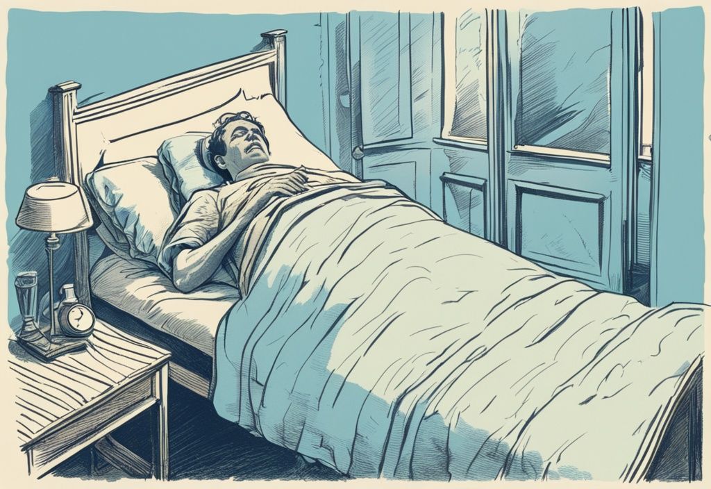 Vintage-Skizze einer Person im Bett mit Fersenschmerzen, Hauptfarbe hellblau.
