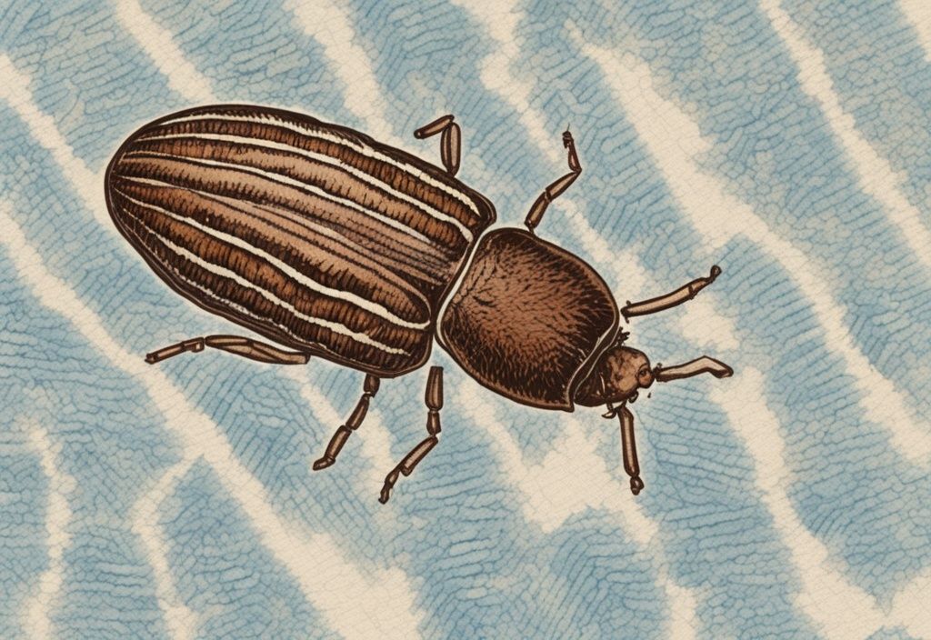 Vintage-Skizzenillustration in hellblau, zeigt vergrößerte braune Teppichkäfer-Larven im Bett, die in den Fasern eines Bettlakens nisten.