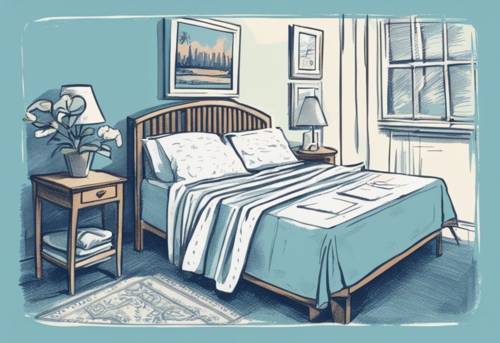 Vintage-Skizzenillustration in Hellblau mit Kalender und markierten Terminen für Bettwäschewechsel, im Hintergrund ein Bett mit frischer Bettwäsche.