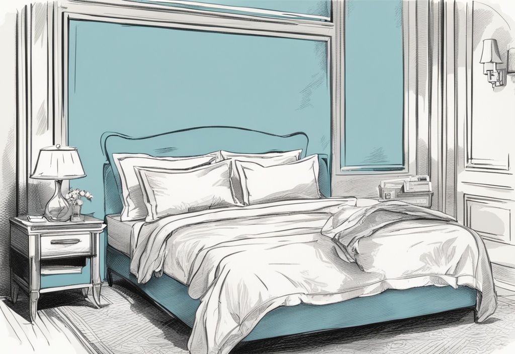 Vintage-Skizzenillustration in hellblau, Hände falten weiße Bettwäsche auf perfekt gemachtem Hotelbett