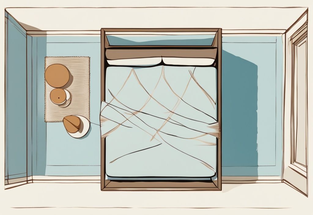 Vintage-Skizzenillustration eines Emma-Matratze in einem elegant gestalteten Schlafzimmer, Hauptfarbe hellblau, mit Pfeilen zur korrekten Ausrichtung der Matratze.