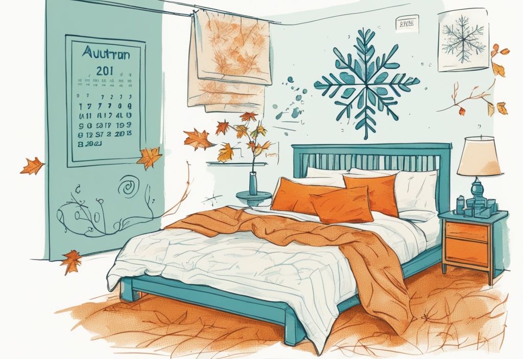 Vintage-Skizzenillustration mit hellblauem Farbschema, Kalender an der Wand mit durchgestrichenen grünen und orangefarbenen Blättern, ein hellblauer Schneeflocke markiert den Winter, daneben liegt frisch gefaltete Bettwäsche - wie oft Bettwäsche wechseln Winter.