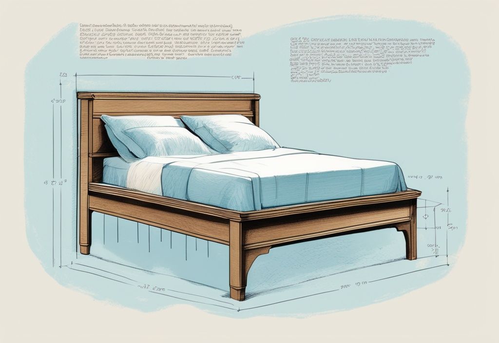Vintage-Skizze einer Bettdurchschnittsansicht in hellblau mit markierten Schichten und Dimensionen, die die Höhe anzeigen, wie hoch ist ein Bett.