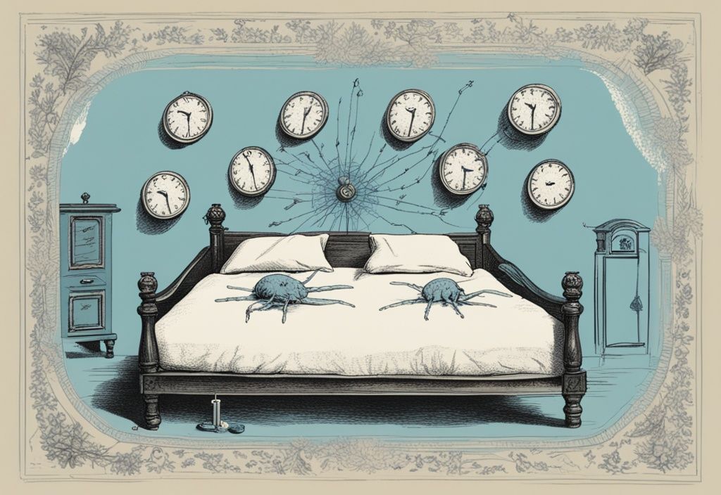 Vintage-Skizze von Läusen auf einem Bett mit Uhr, die Überlebensdauer anzeigt, in hellblauem Farbschema.