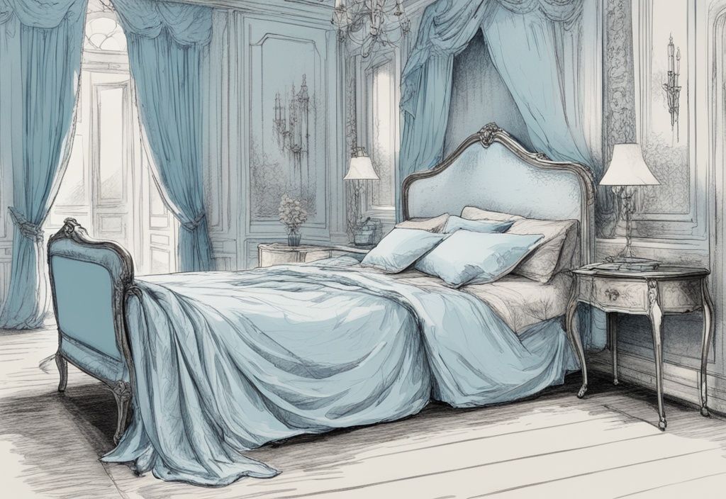 Vintage Skizze Illustration eines großen eleganten Bettes 180x200 mit perfekt passender Tagesdecke in hellblauer Farbgebung.