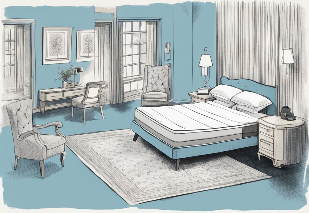 Vintage-Skizze mit hellblauem Farbschema, Draufsicht auf eine Emma-Matratze in elegantem Schlafzimmer, Pfeile zeigen die richtige Ausrichtung der Matratze.