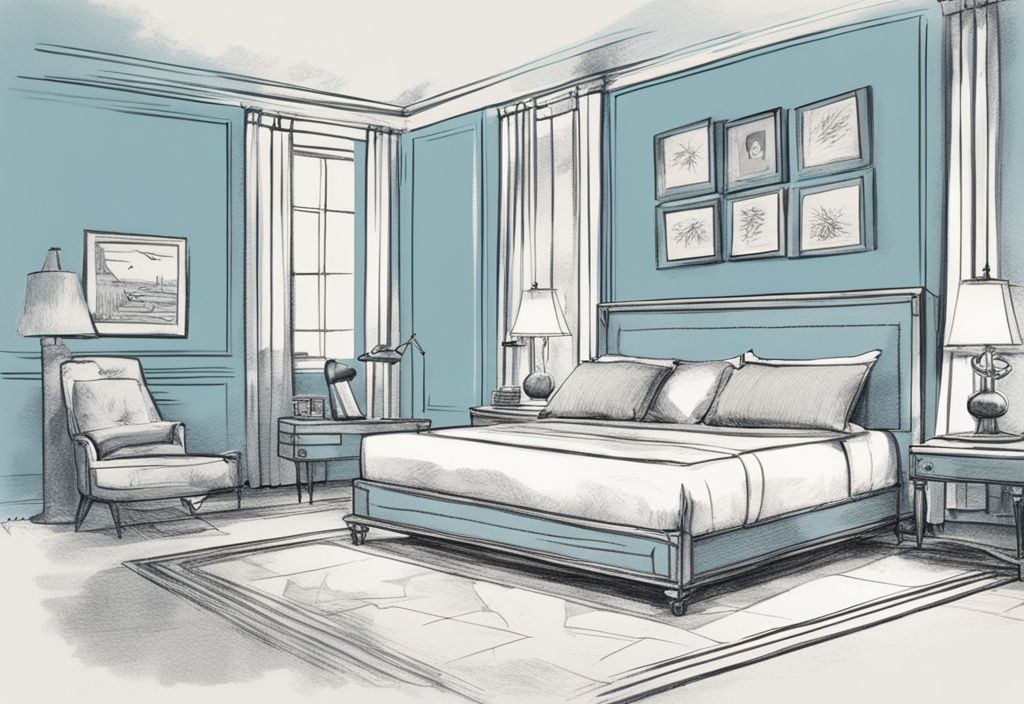 Vintage-Skizzenillustration mit hellblauem Farbschema, die die Entwicklung des 90x200 Bettdesigns von den Anfängen bis zu aktuellen Trends zeigt; ab wann 90x200 Bett.